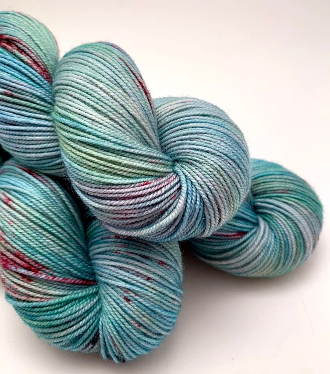 Hand Dyed Yarn "Shark Attack in the Blue Lagoon" Blue Teal Turquoise Aqua Pink Vermillion Speckled Polwarth DK SW 246yds 100g