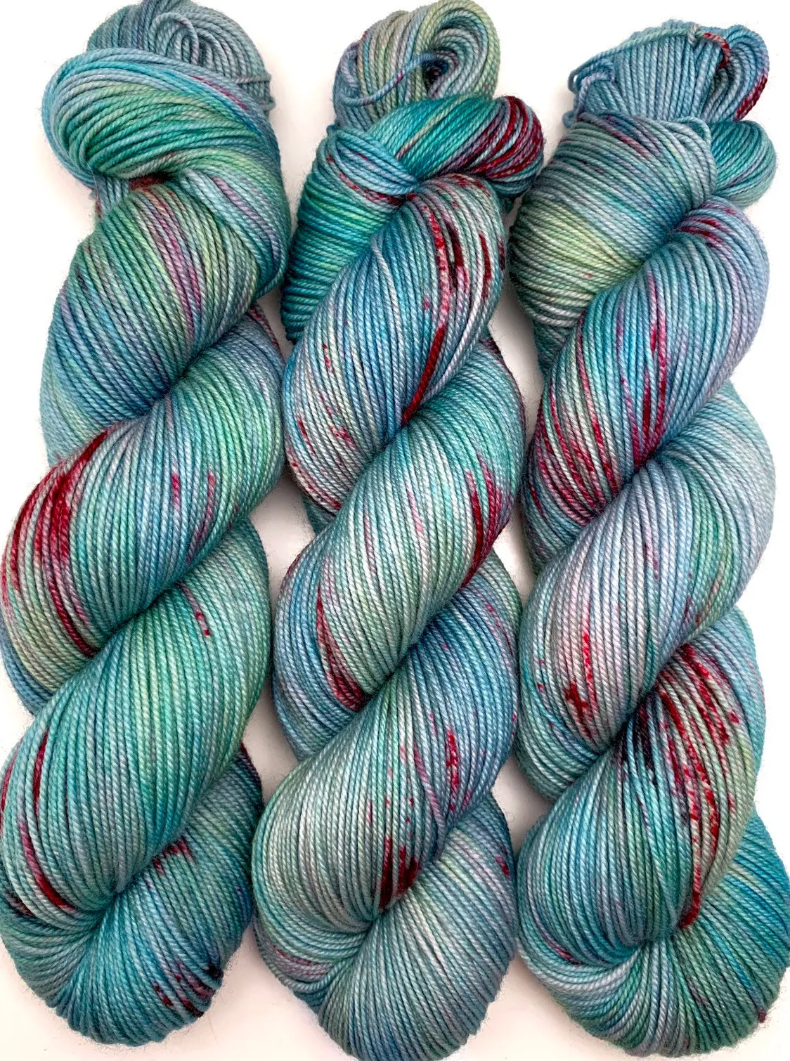 Hand Dyed Yarn "Shark Attack in the Blue Lagoon" Blue Teal Turquoise Aqua Pink Vermillion Speckled Polwarth DK SW 246yds 100g
