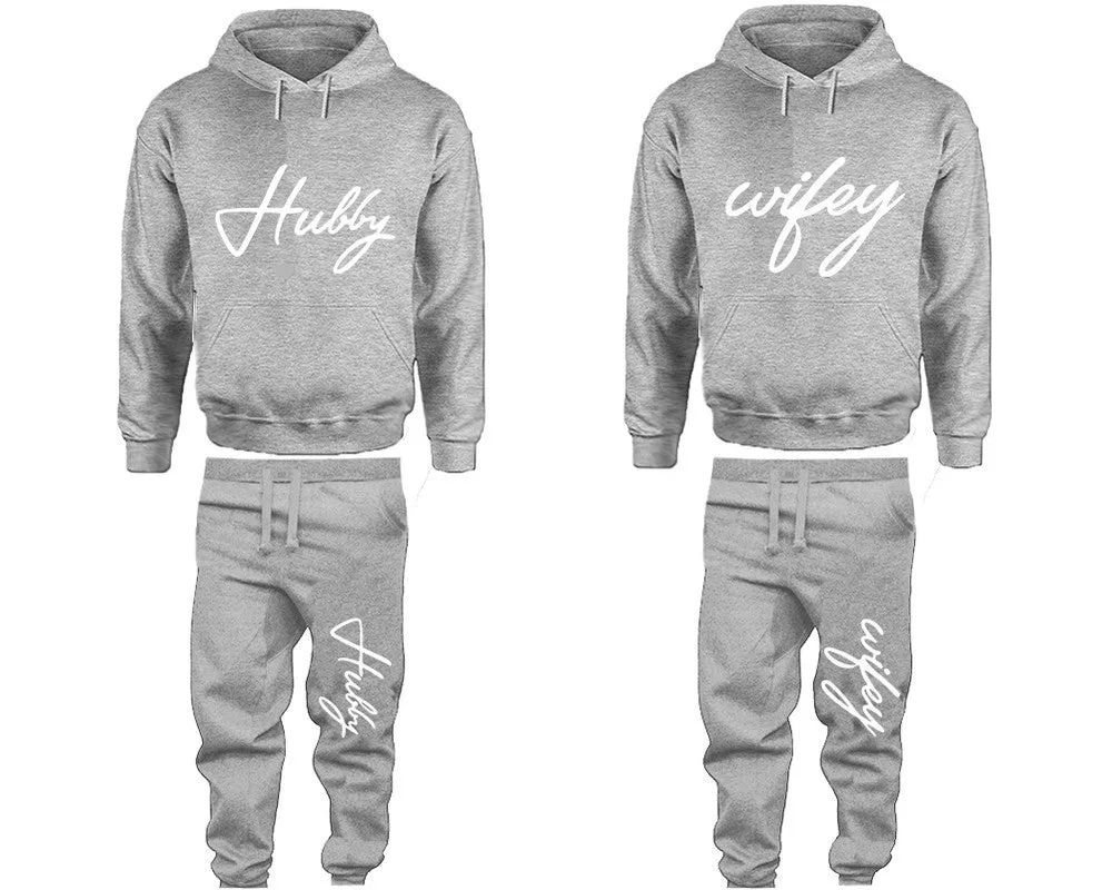 Hubby & Wifey Couple Matching Pullover Hoodies and Jogger Pants Set – Unisex Mix & Match | 4 Pieces Sold Separately for Personalized Style