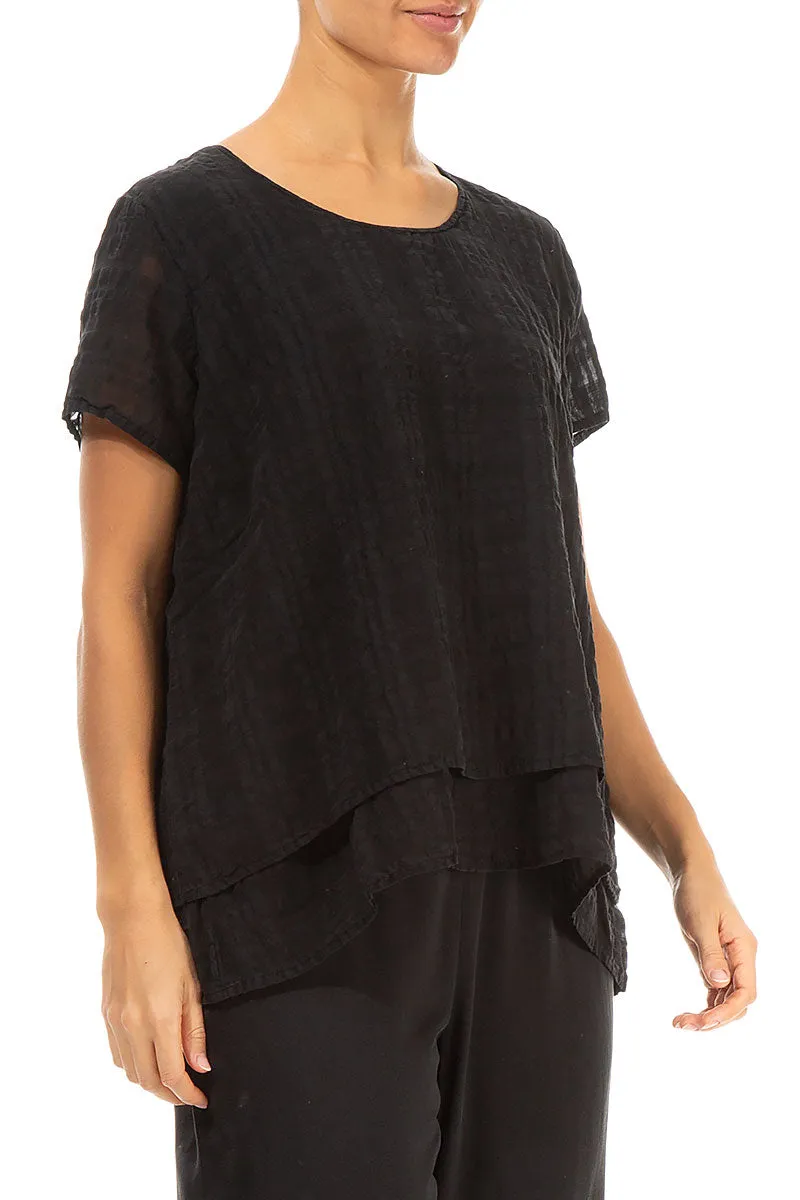 Layered Black Checkered Silk Cotton Blouse