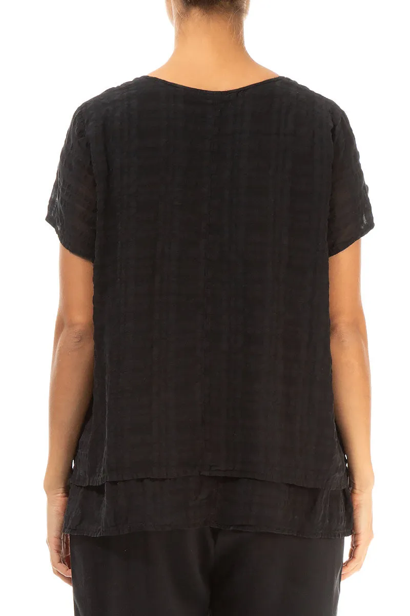 Layered Black Checkered Silk Cotton Blouse