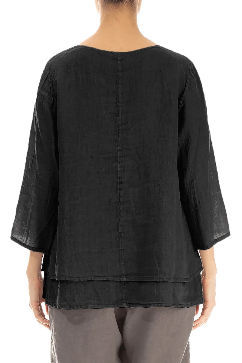 Layered Black Gauze Linen Blouse