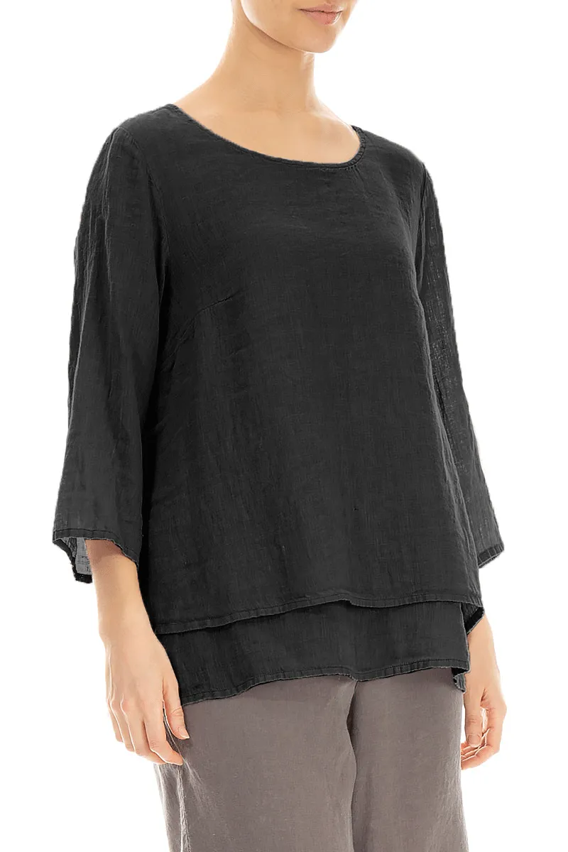 Layered Black Gauze Linen Blouse