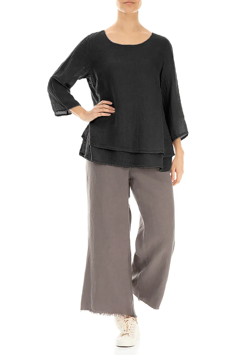 Layered Black Gauze Linen Blouse