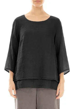 Layered Black Gauze Linen Blouse
