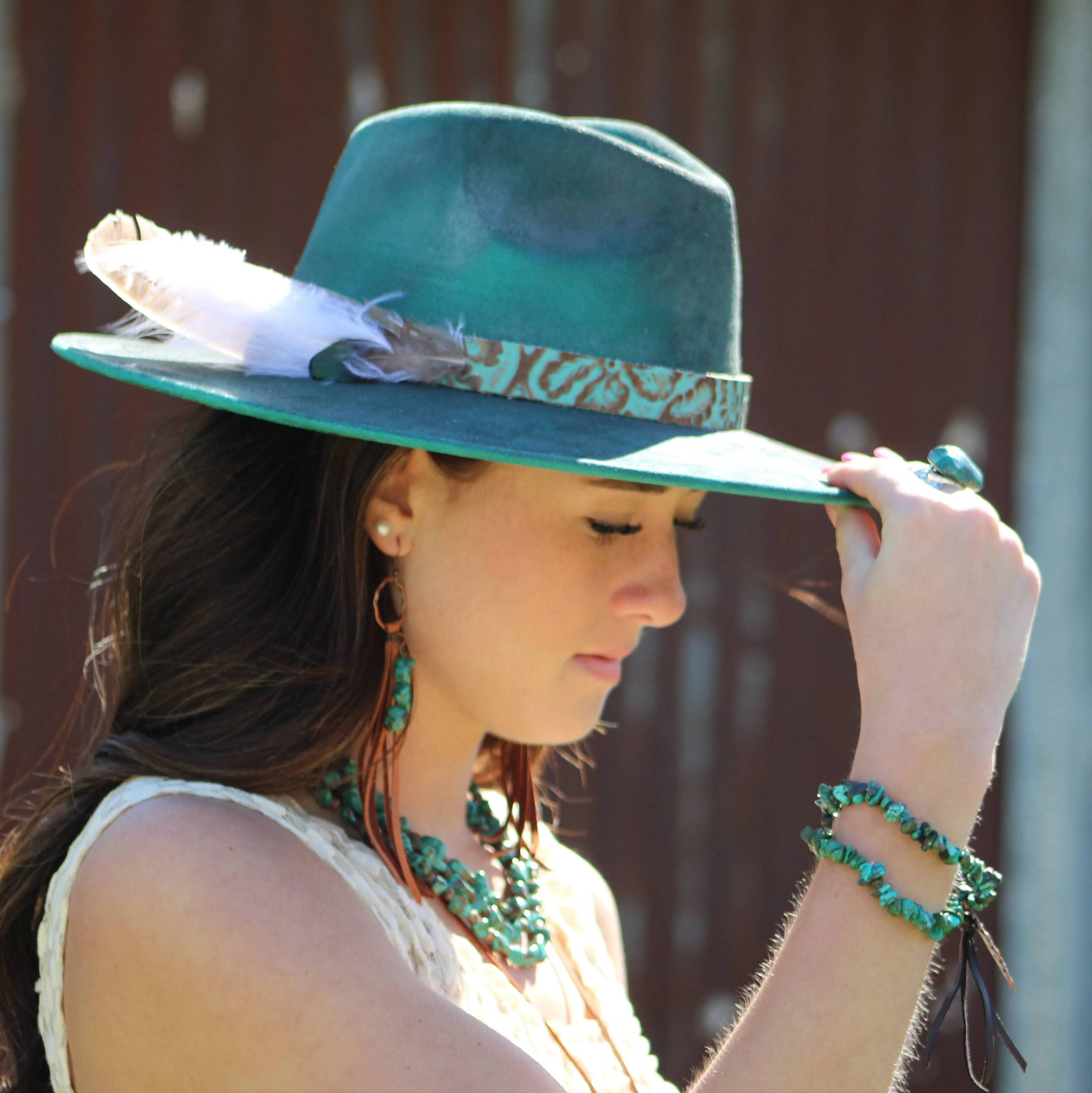 Leather Fringe Earrings with Turquoise Chunks Tan 223f
