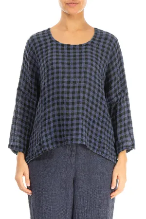 Loose Blue Nova Check Gauze Linen Blouse
