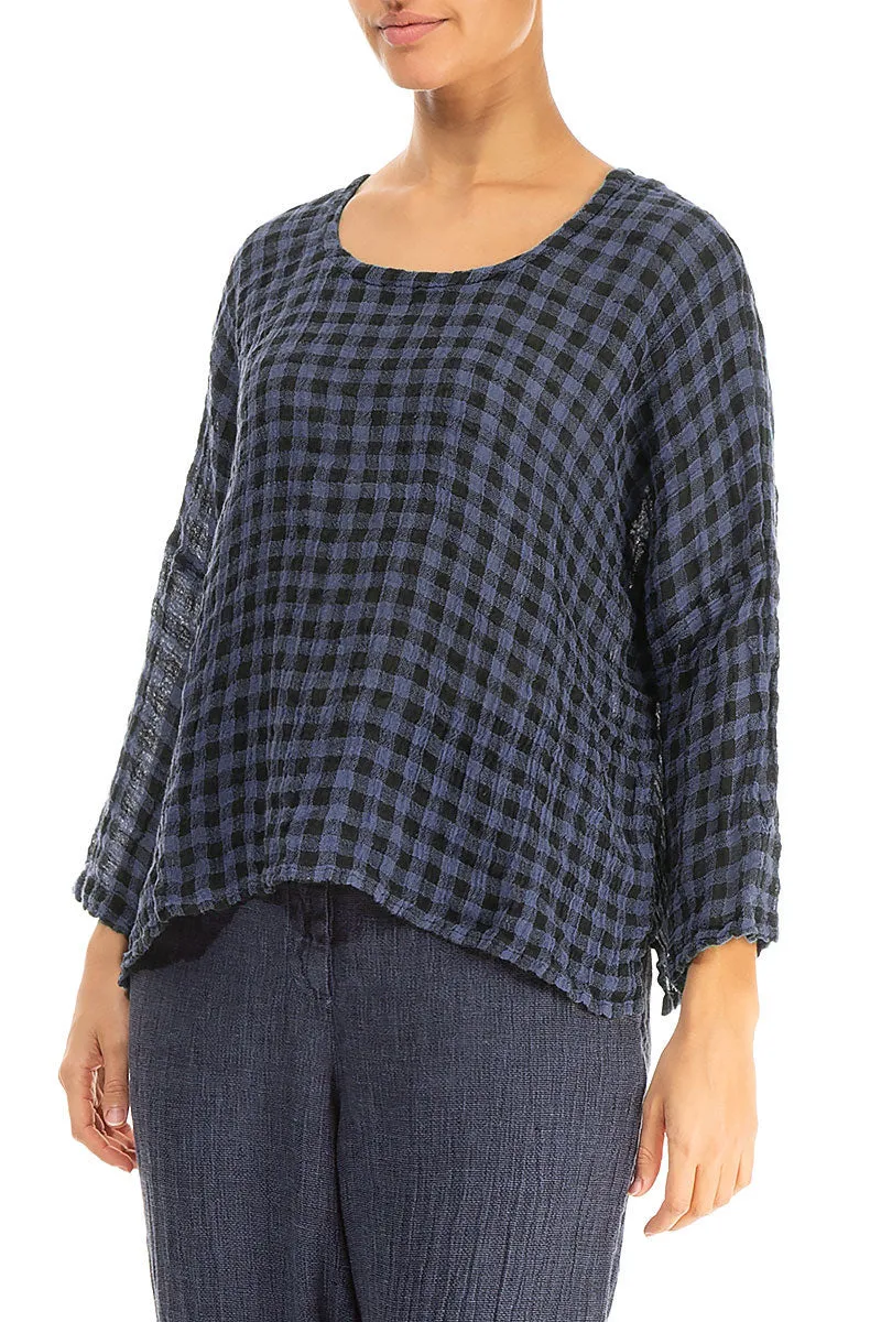 Loose Blue Nova Check Gauze Linen Blouse