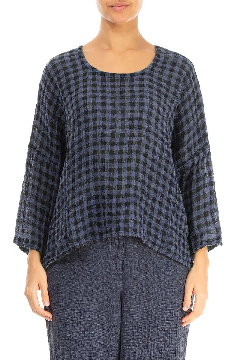 Loose Blue Nova Check Gauze Linen Blouse
