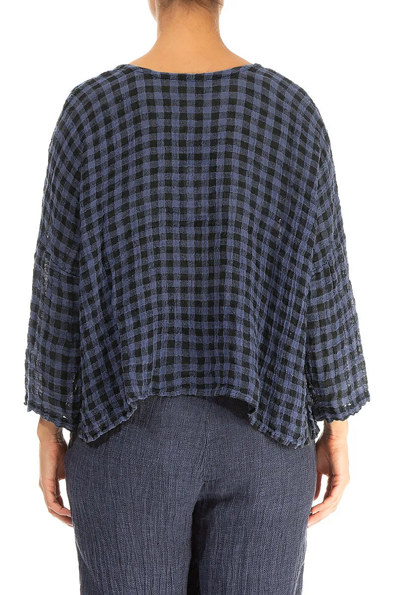 Loose Blue Nova Check Gauze Linen Blouse