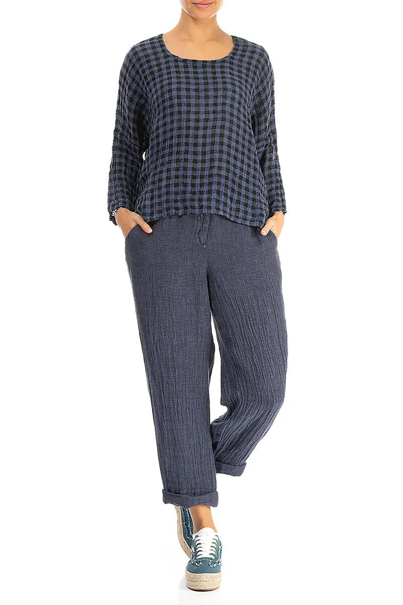 Loose Blue Nova Check Gauze Linen Blouse