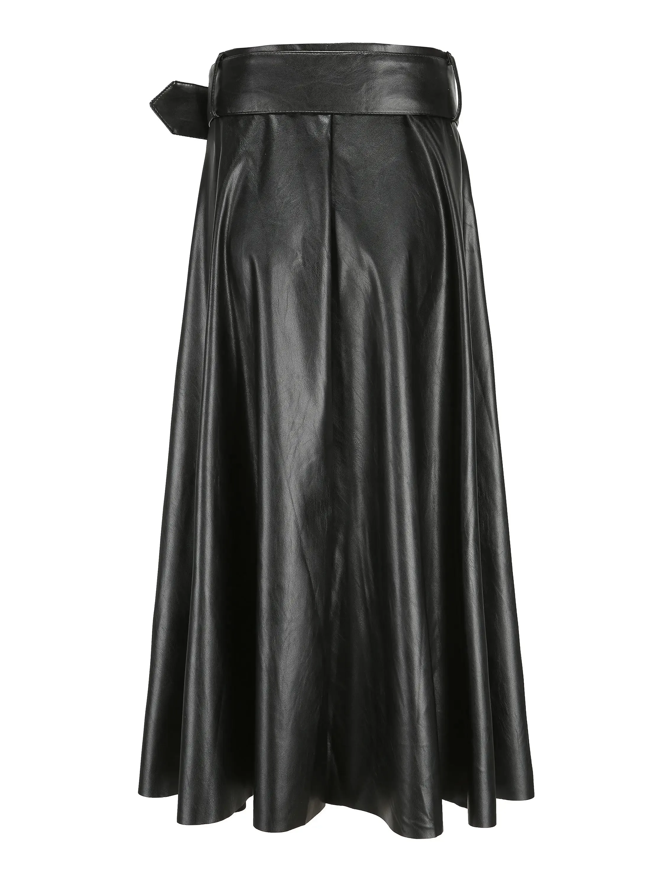 LVSANW Women Autumn Winter Vintage PU Faux Leather Long Skirts Lady Elegant High Waist A-Line Midi Mid-Calf Maxi Burgundy Wine Red Belt