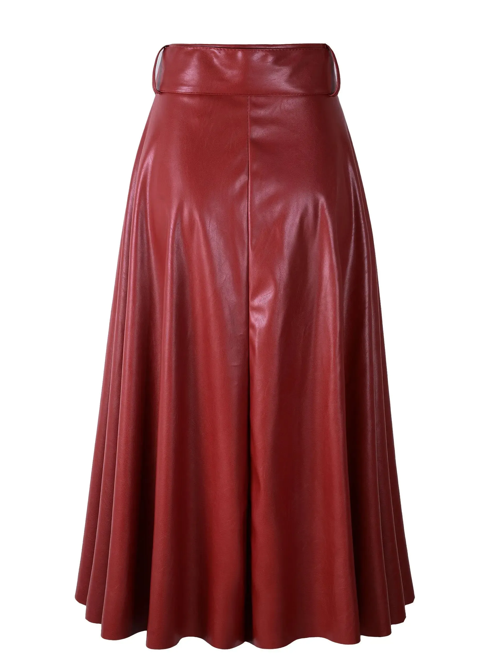 LVSANW Women Autumn Winter Vintage PU Faux Leather Long Skirts Lady Elegant High Waist A-Line Midi Mid-Calf Maxi Burgundy Wine Red Belt