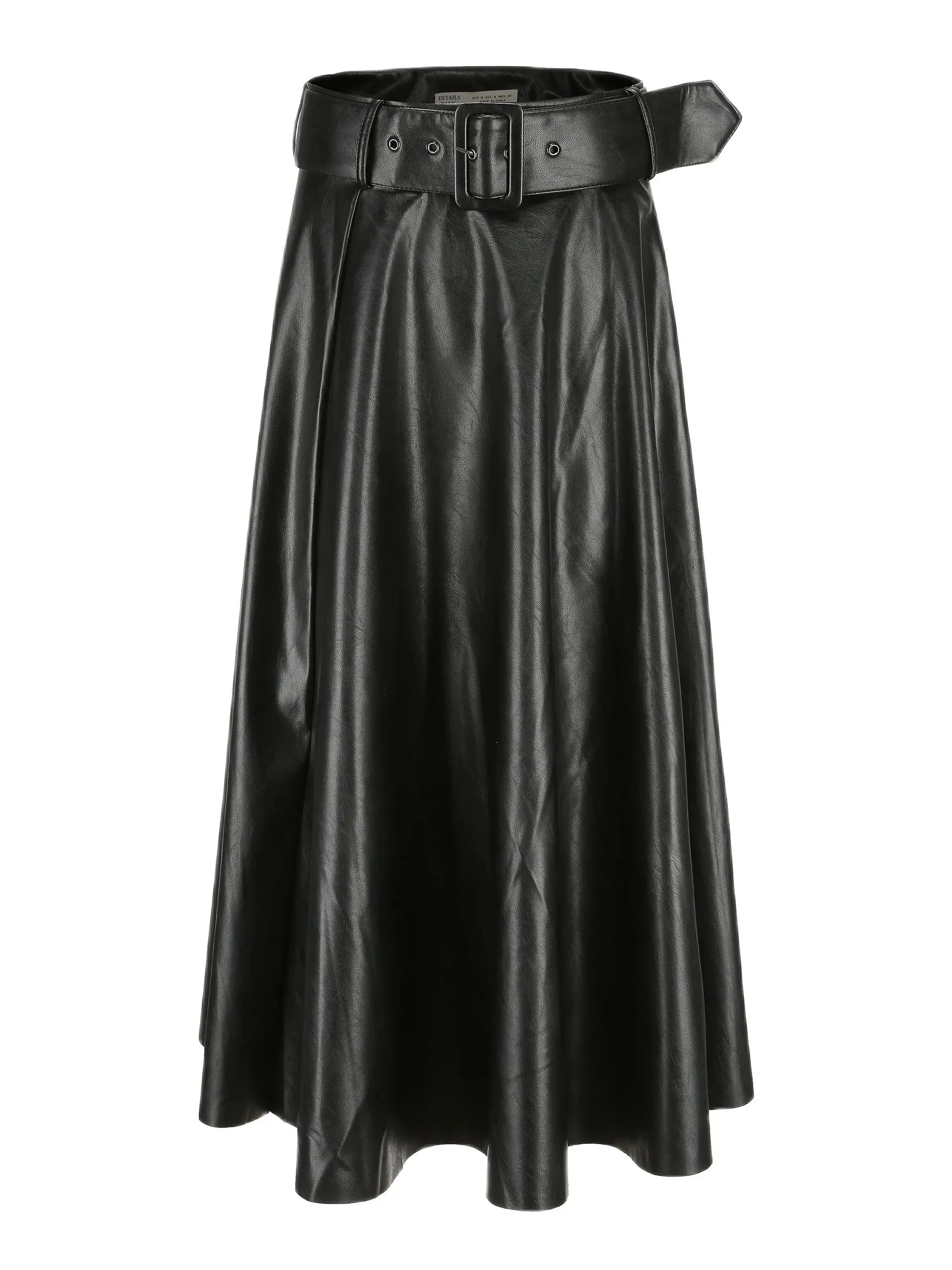LVSANW Women Autumn Winter Vintage PU Faux Leather Long Skirts Lady Elegant High Waist A-Line Midi Mid-Calf Maxi Burgundy Wine Red Belt