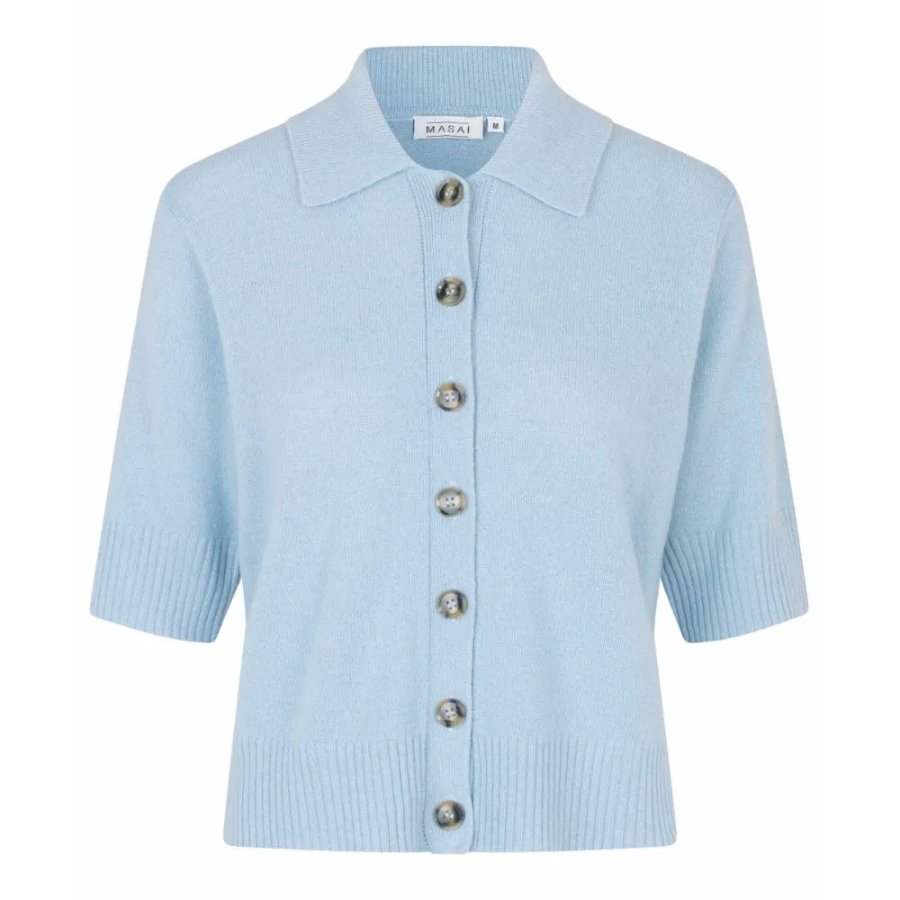 Masai Liva Short Sleeve Button Through Cardigan In Blue Fog