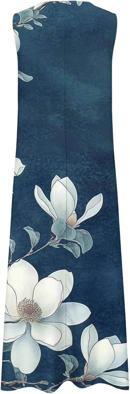 Maxi Dresses for Women 2025 Elegant V Neck Sleeveless Beach Vacation Sundress Vintage Floral Print A Line Long Dress