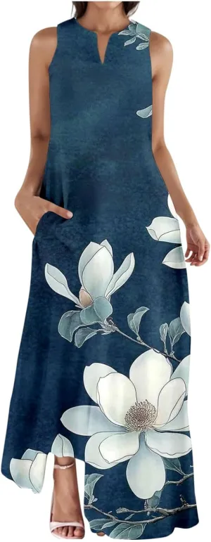 Maxi Dresses for Women 2025 Elegant V Neck Sleeveless Beach Vacation Sundress Vintage Floral Print A Line Long Dress