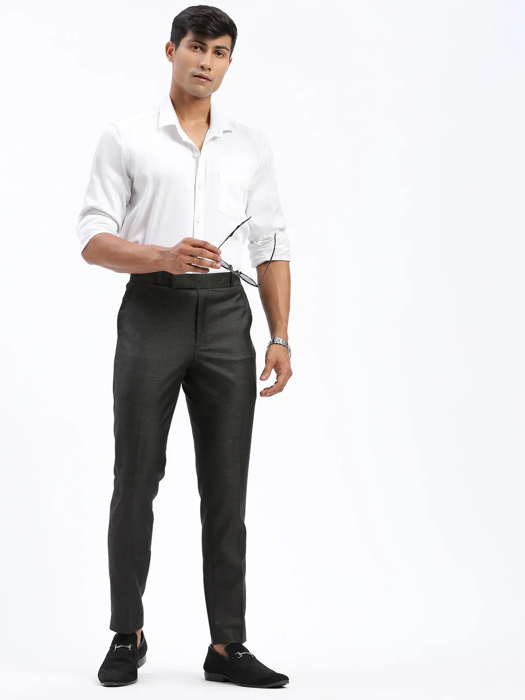 Men Charcoal Comfort Cotton Slim Fit Low-Rise Trousers