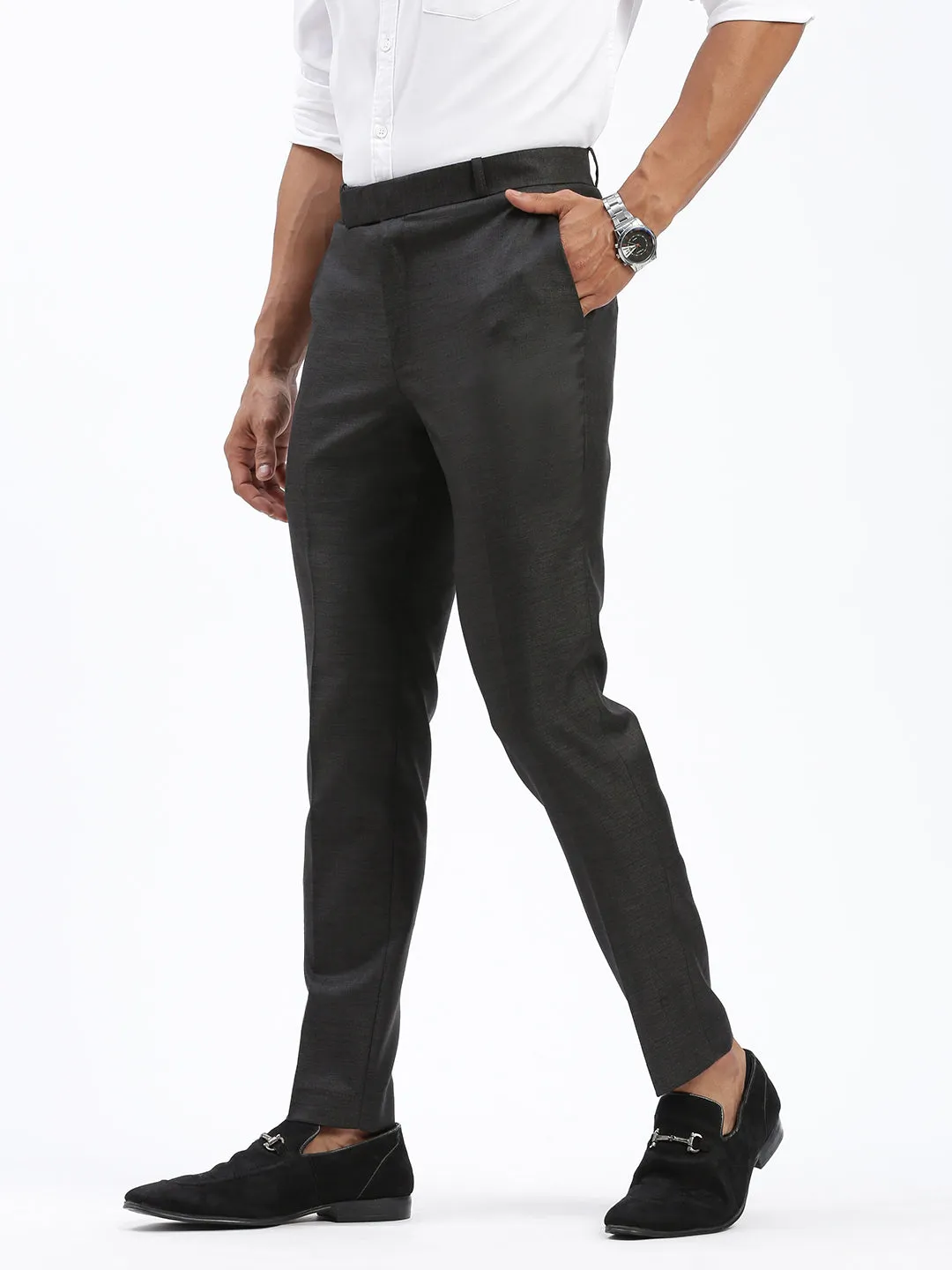 Men Charcoal Comfort Cotton Slim Fit Low-Rise Trousers