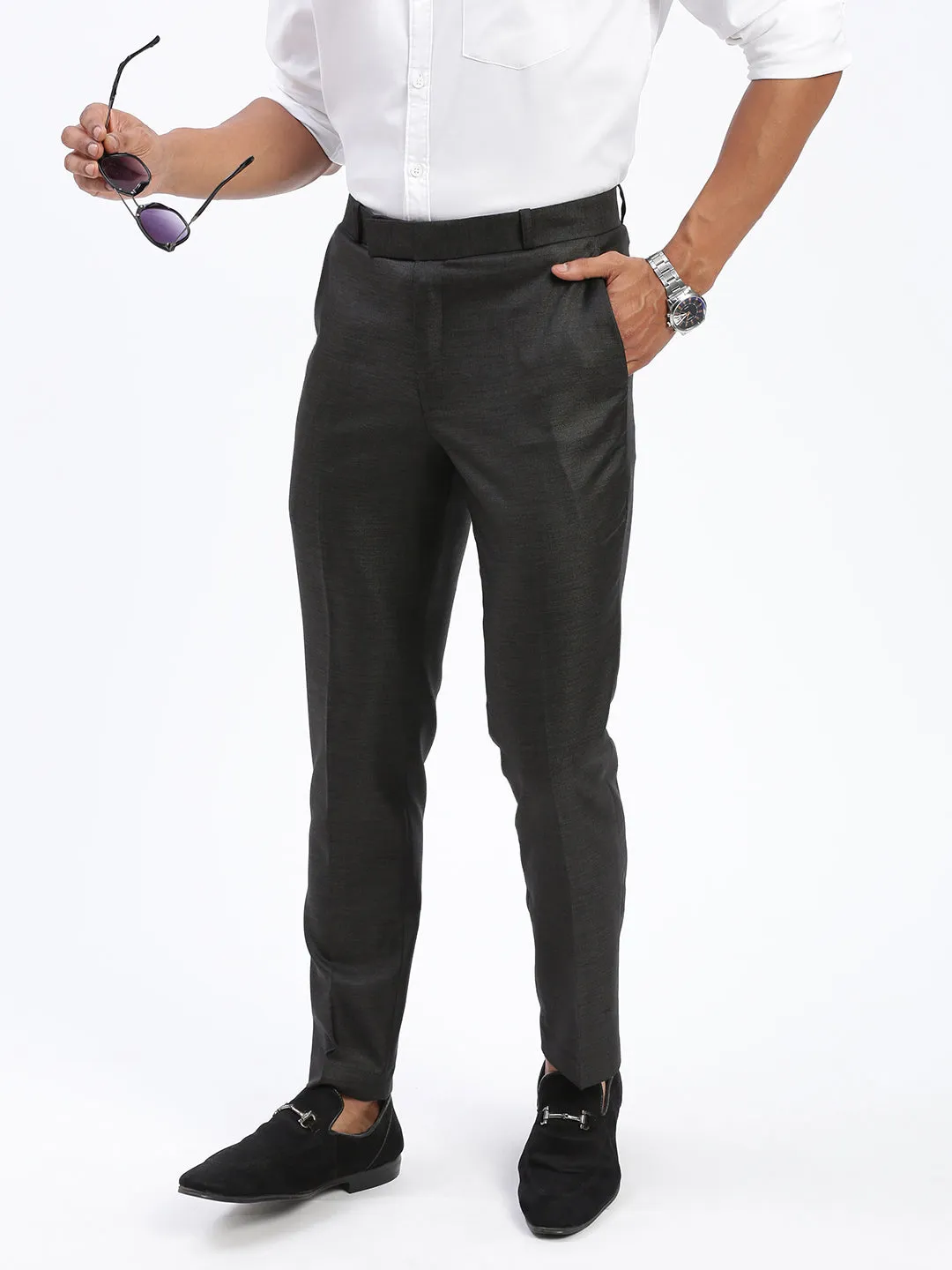 Men Charcoal Comfort Cotton Slim Fit Low-Rise Trousers