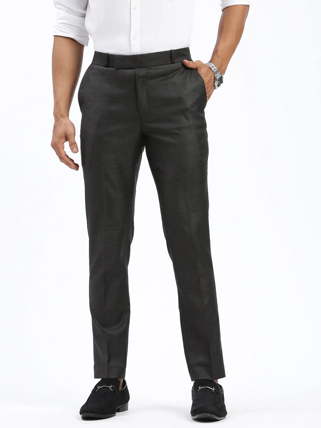 Men Charcoal Comfort Cotton Slim Fit Low-Rise Trousers