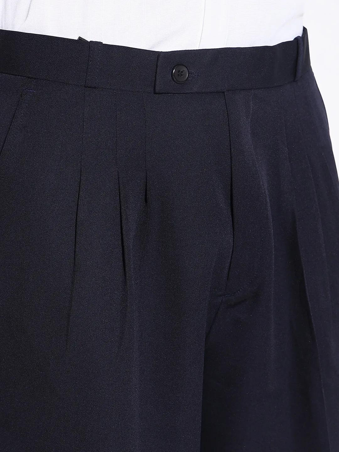 Men Navy Blue Comfort Loose Fit Low-Rise Pleated Trousers