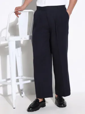 Men Navy Blue Comfort Loose Fit Low-Rise Pleated Trousers
