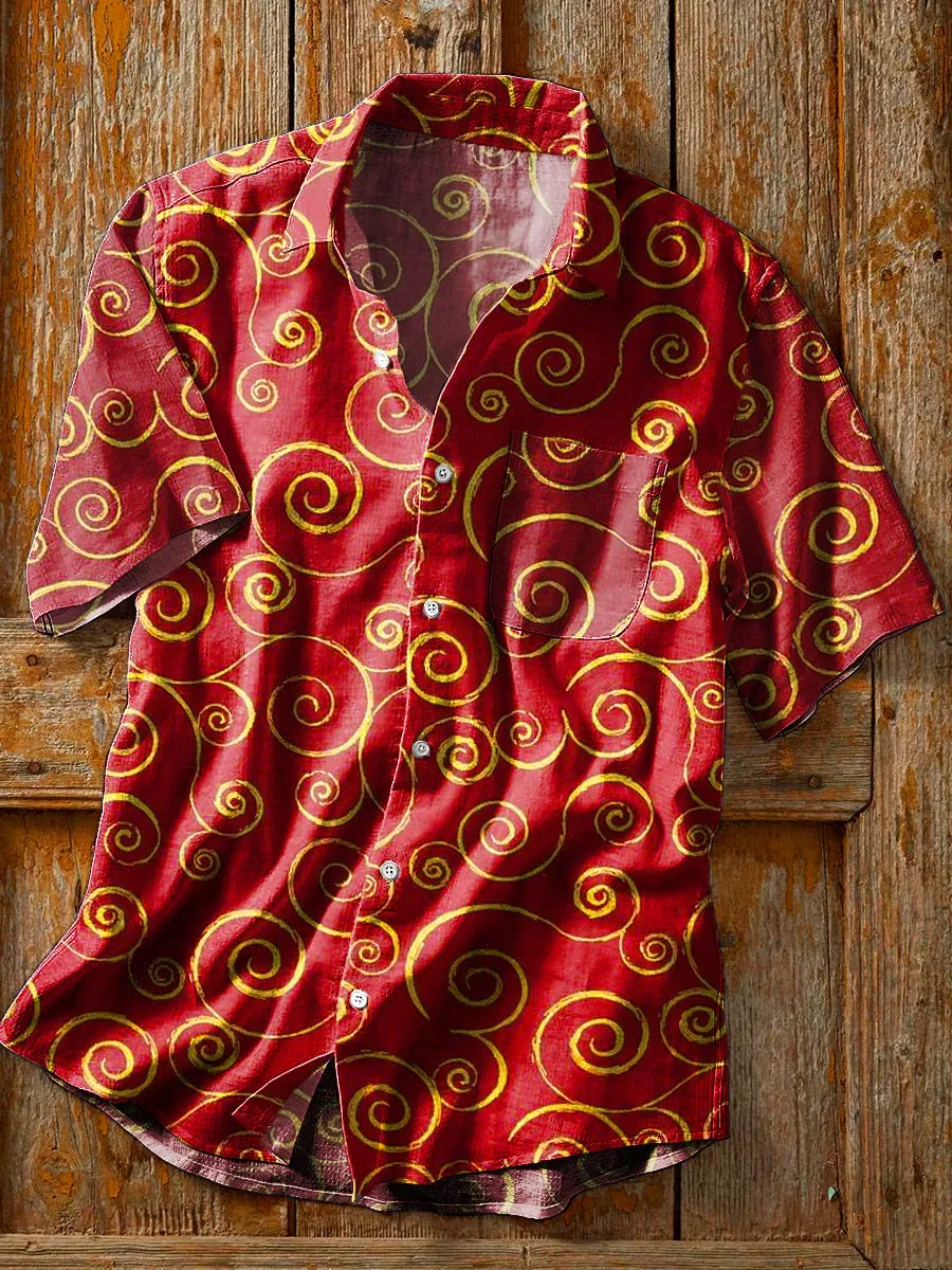 Men's Vintage Western Line Spiral Art Print Lapel Short Sleeve Pocket Shirt