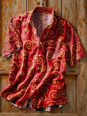 Men's Vintage Western Line Spiral Art Print Lapel Short Sleeve Pocket Shirt