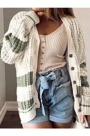 Monica Plus Size Striped Button Up Dropped Shoulder Cardigan