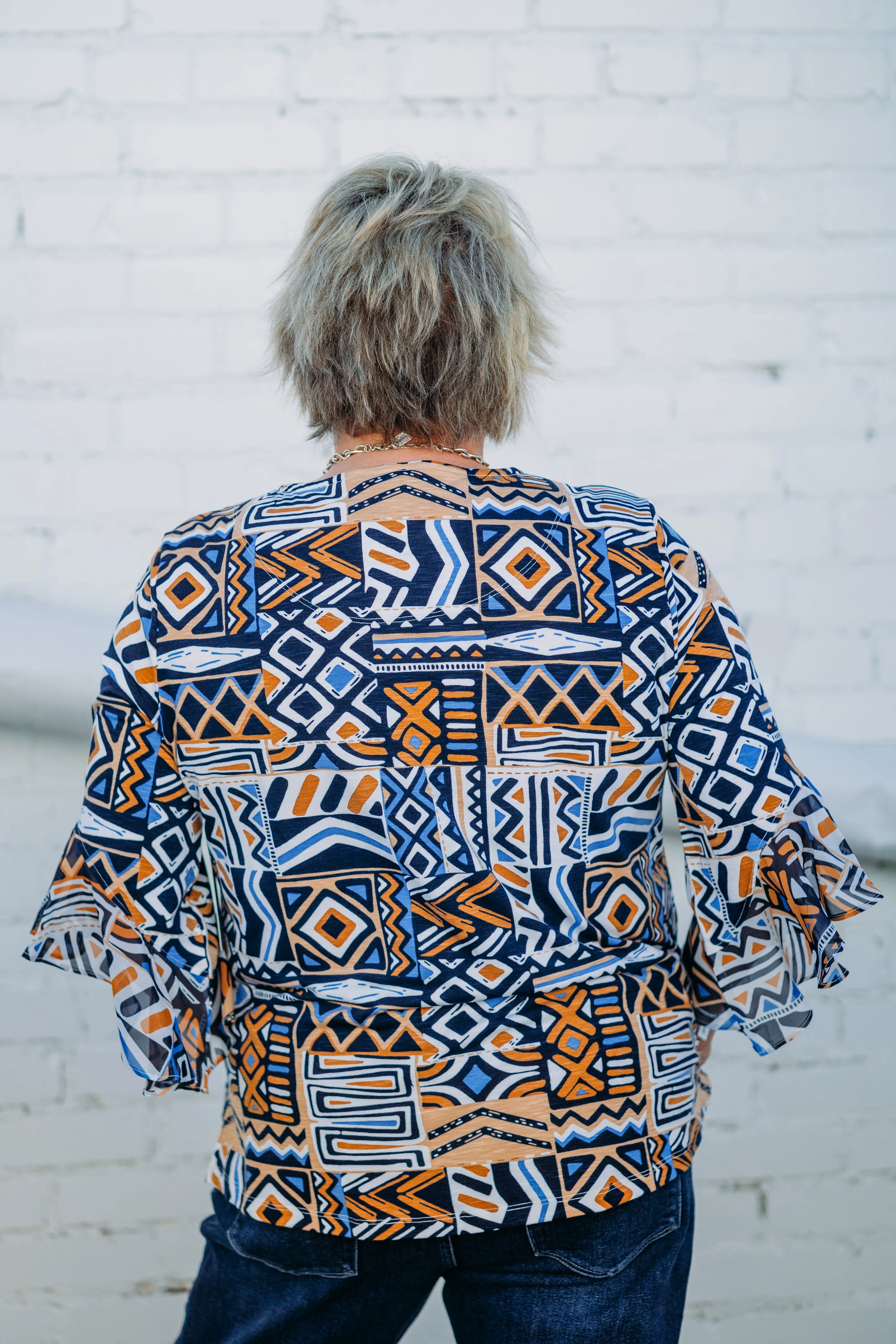 Multiples: 3/4 Flounce Sleeve Scoop Neck Top in PATMLT M15111TM