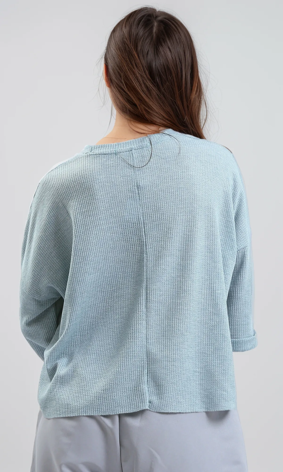 O179648 - Ribbed Mentgreen Loose Short Top With 3/4 Sleeves