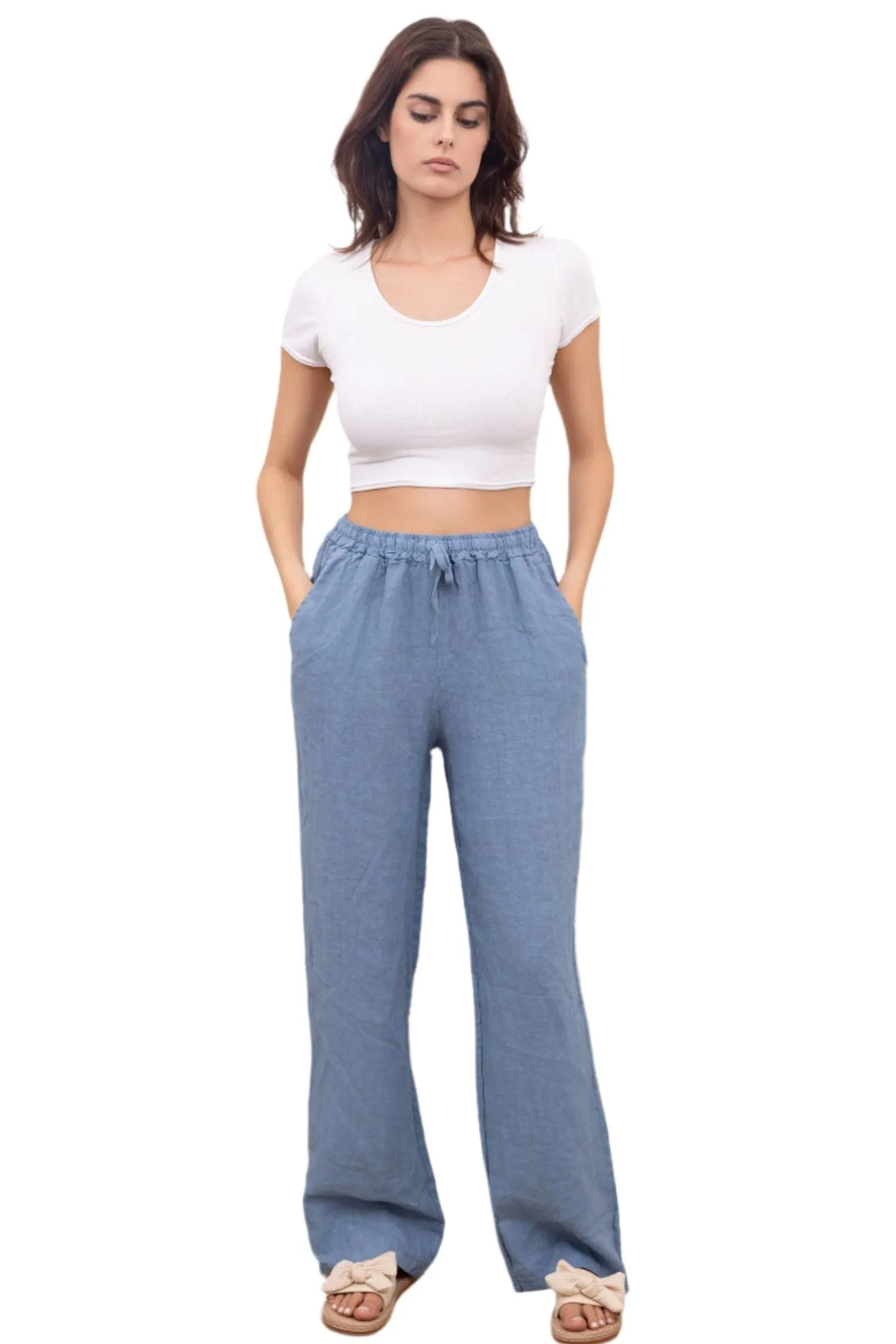 One Size Pure Linen Straight Leg Trousers With Elasticated Waist