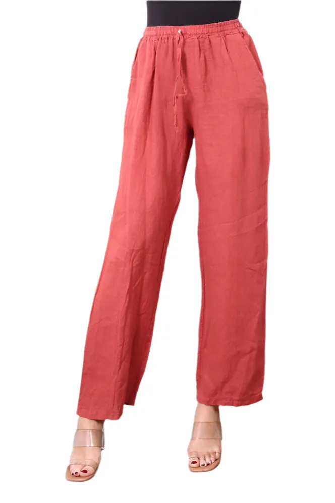 One Size Pure Linen Straight Leg Trousers With Elasticated Waist