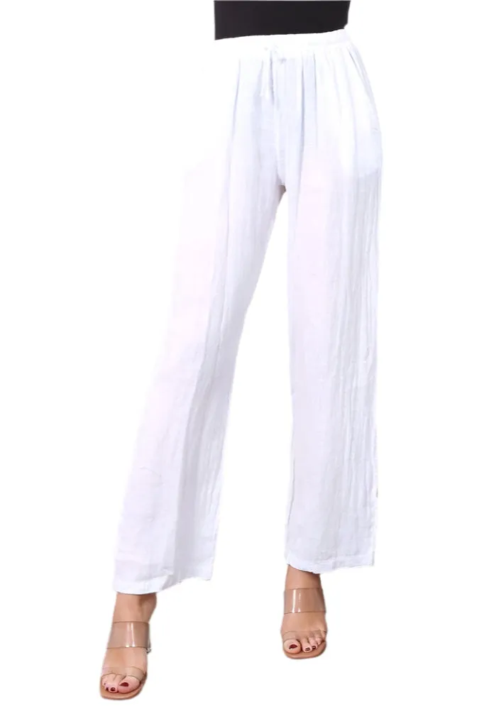 One Size Pure Linen Straight Leg Trousers With Elasticated Waist