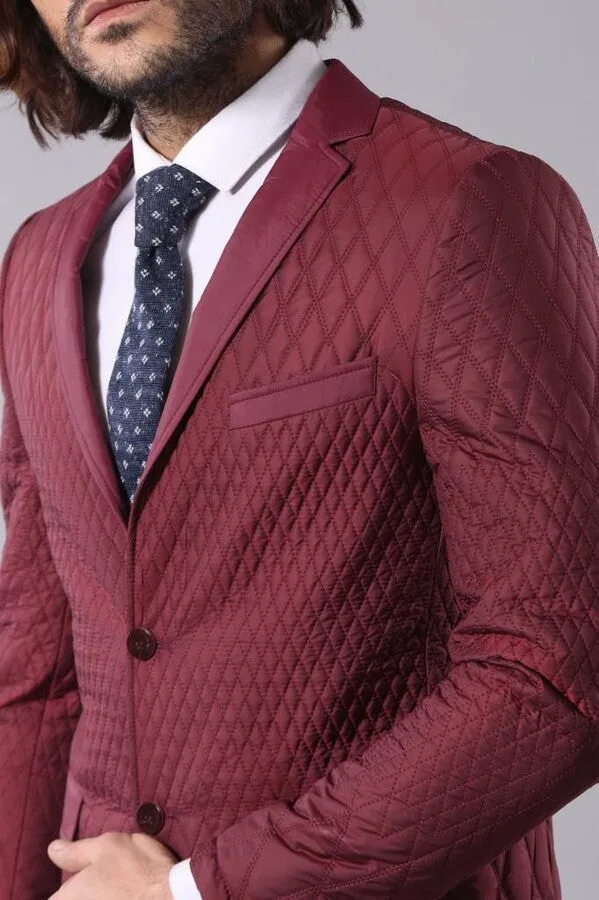 Patterned Quilted Burgundy Men Blazer - Wessi