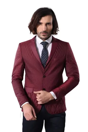 Patterned Quilted Burgundy Men Blazer - Wessi