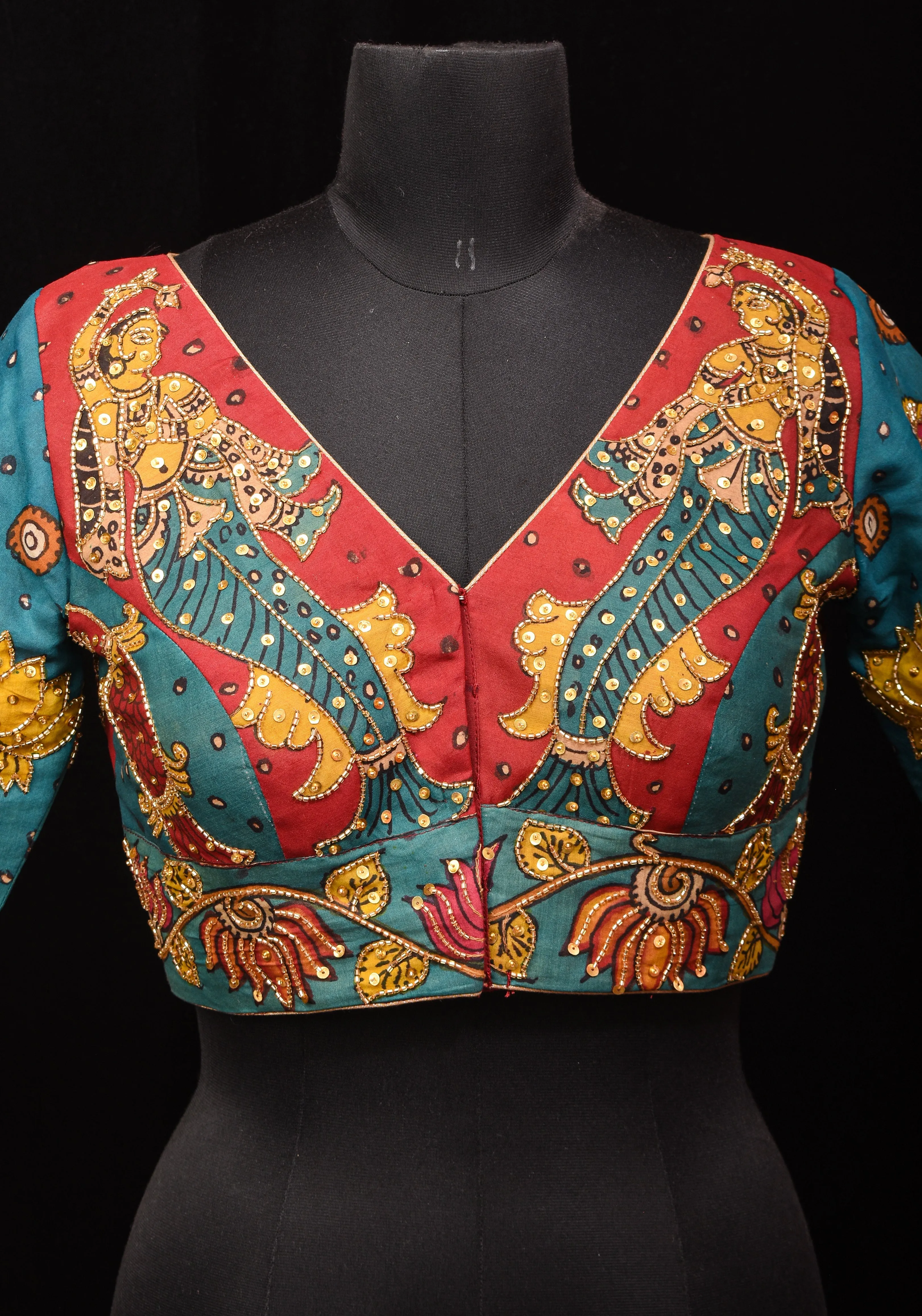 Pen Kalamkari And Cutdana Handwork Blouse in Blue and Red, Made to Order