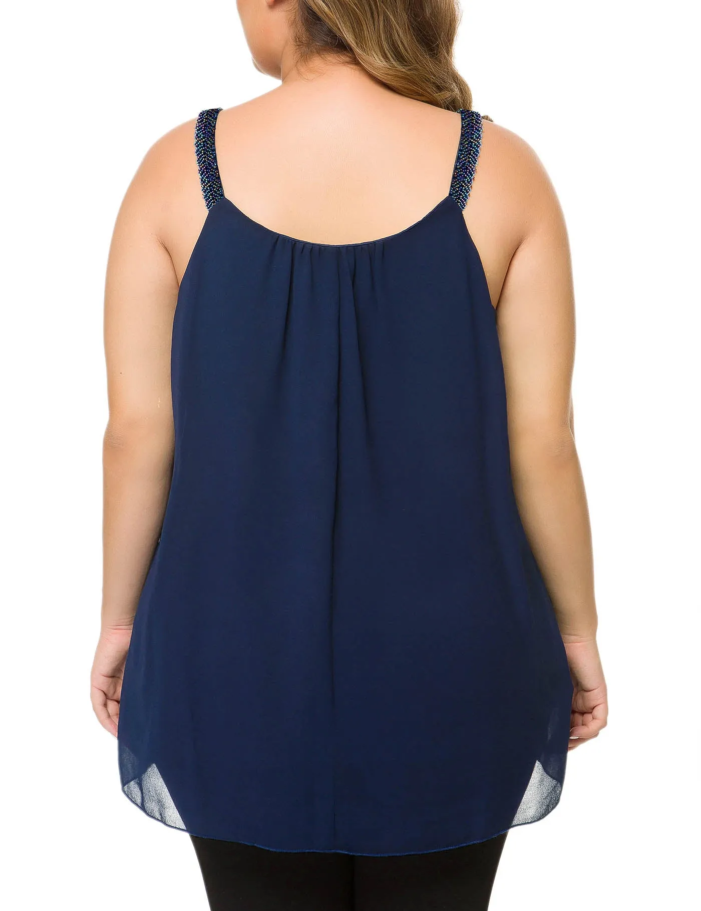 Plus Size Cami Pleated Chiffon Tank Top with Beaded Strap