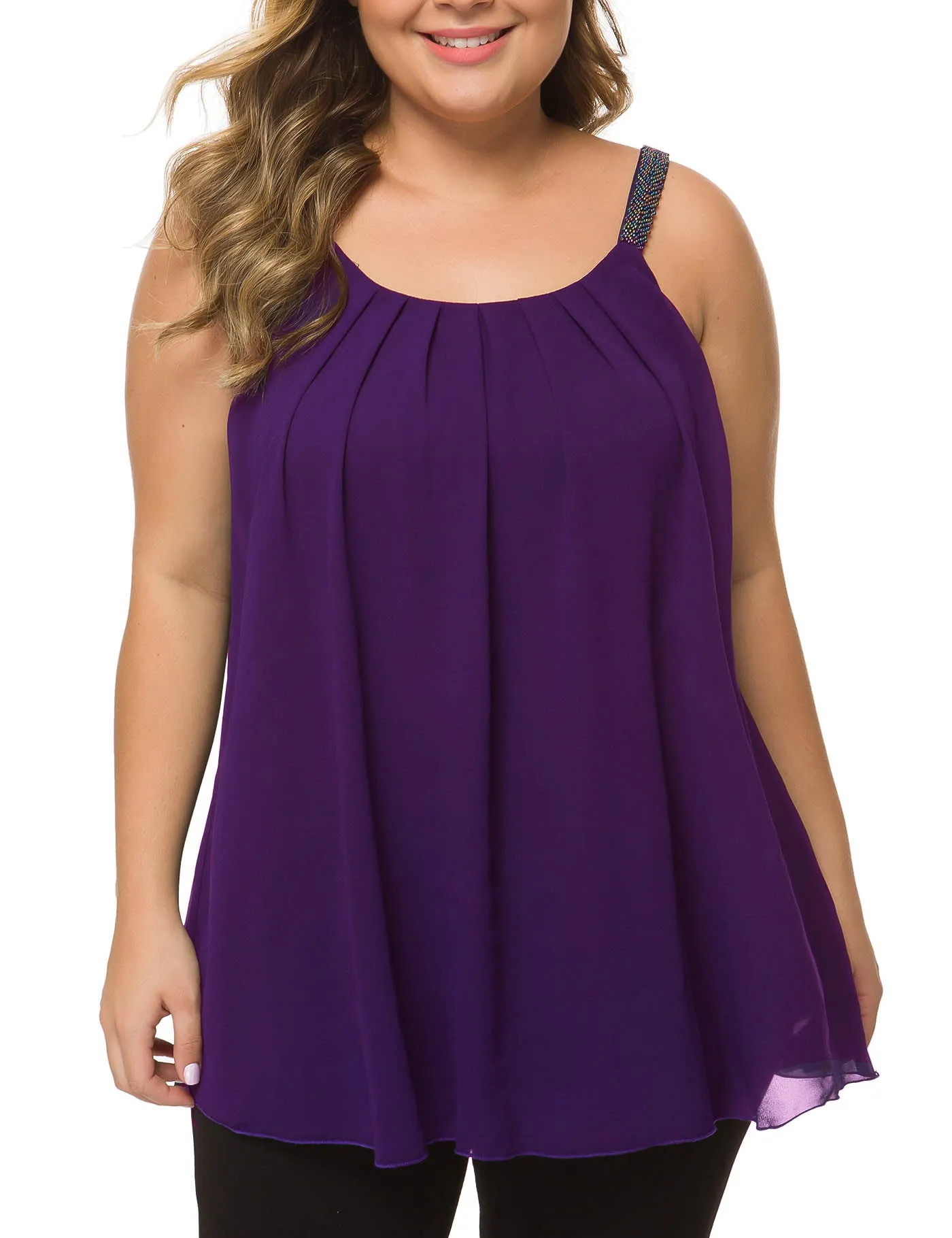 Plus Size Cami Pleated Chiffon Tank Top with Beaded Strap