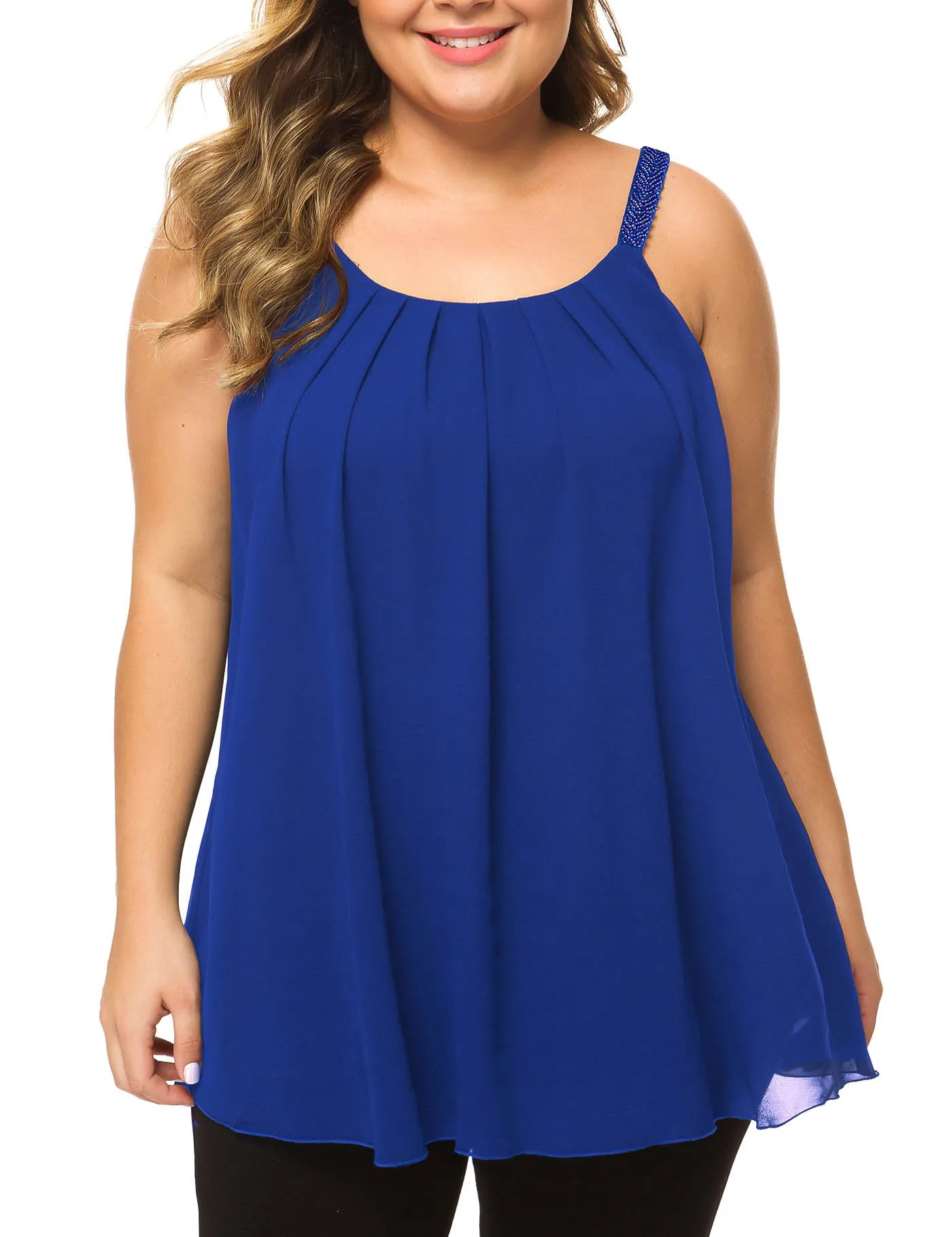 Plus Size Cami Pleated Chiffon Tank Top with Beaded Strap