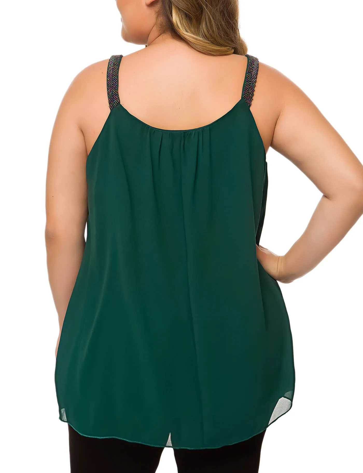 Plus Size Cami Pleated Chiffon Tank Top with Beaded Strap