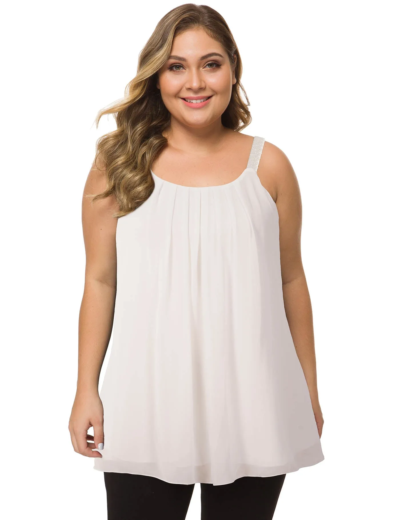 Plus Size Cami Pleated Chiffon Tank Top with Beaded Strap