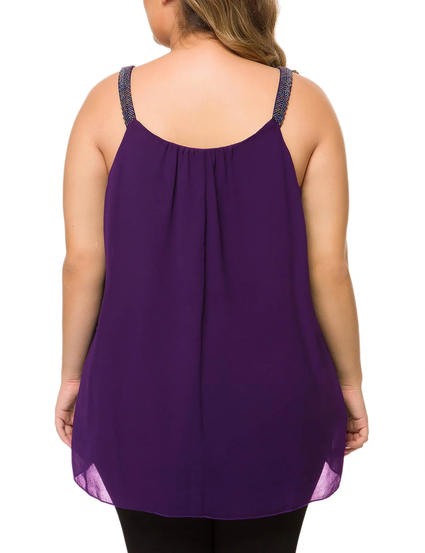 Plus Size Cami Pleated Chiffon Tank Top with Beaded Strap