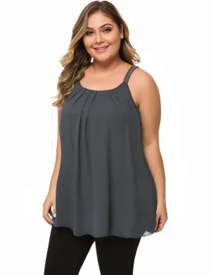 Plus Size Cami Pleated Chiffon Tank Top with Beaded Strap