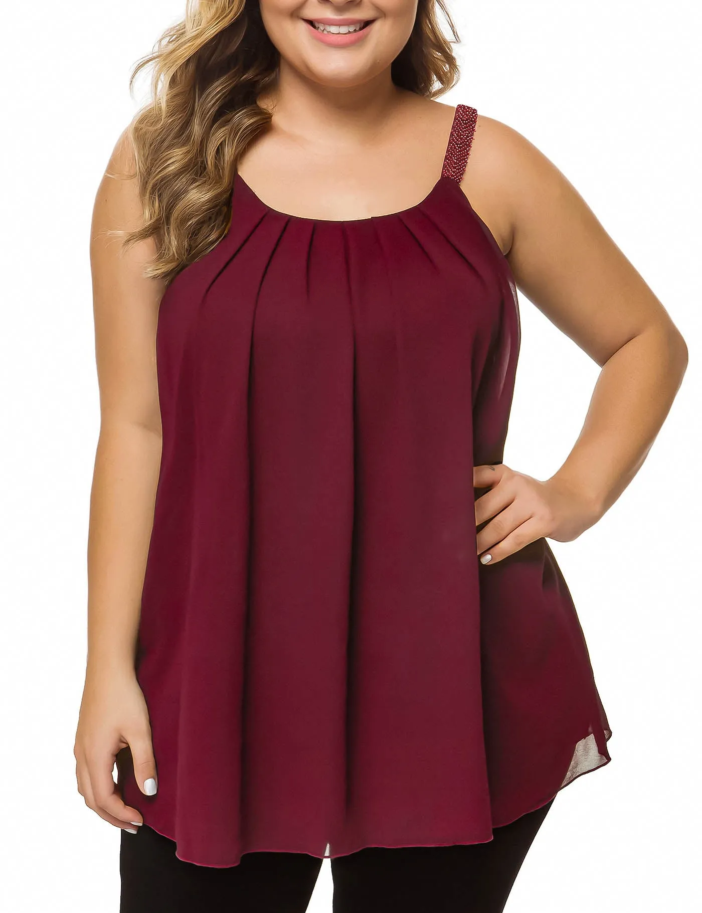 Plus Size Cami Pleated Chiffon Tank Top with Beaded Strap