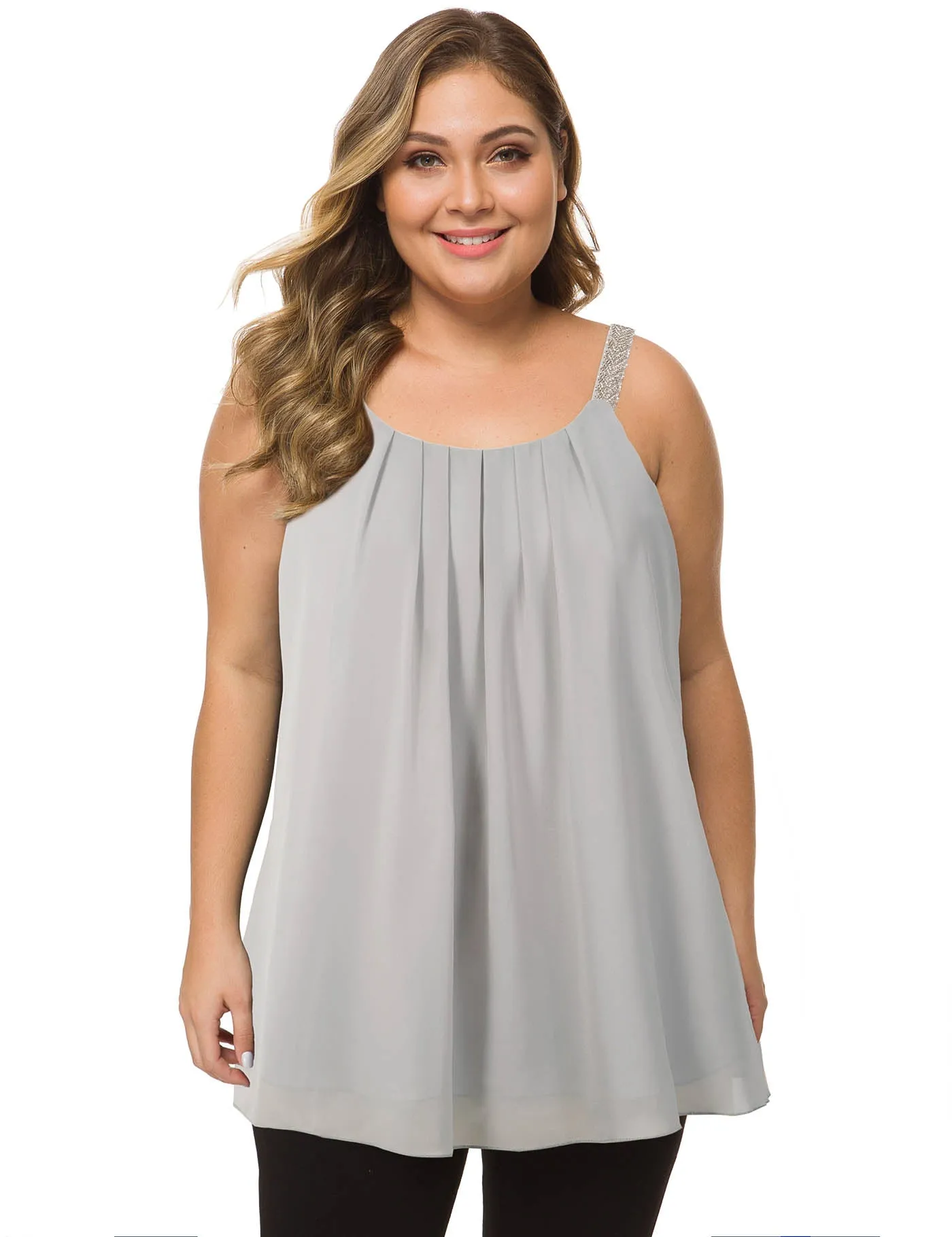 Plus Size Cami Pleated Chiffon Tank Top with Beaded Strap