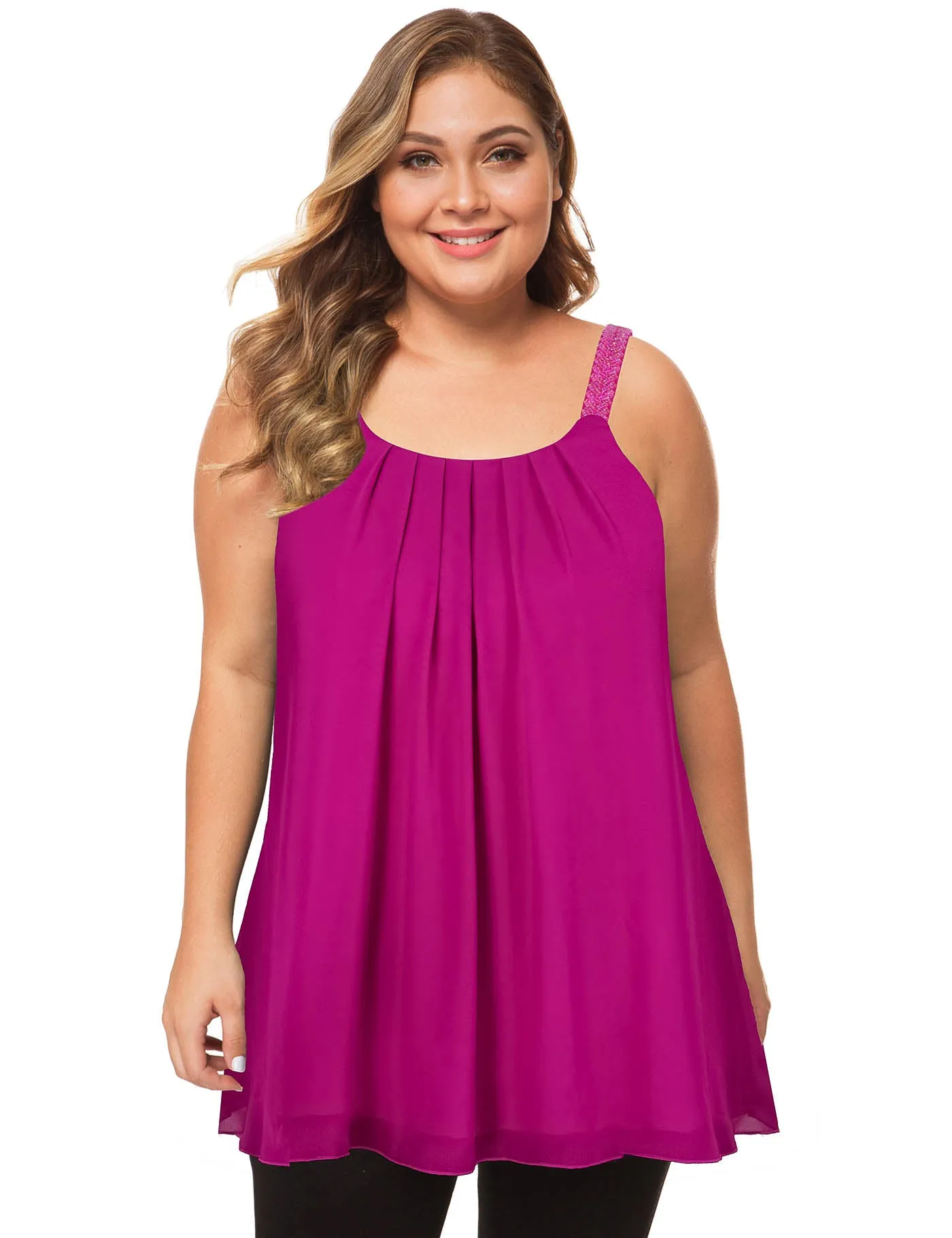 Plus Size Cami Pleated Chiffon Tank Top with Beaded Strap