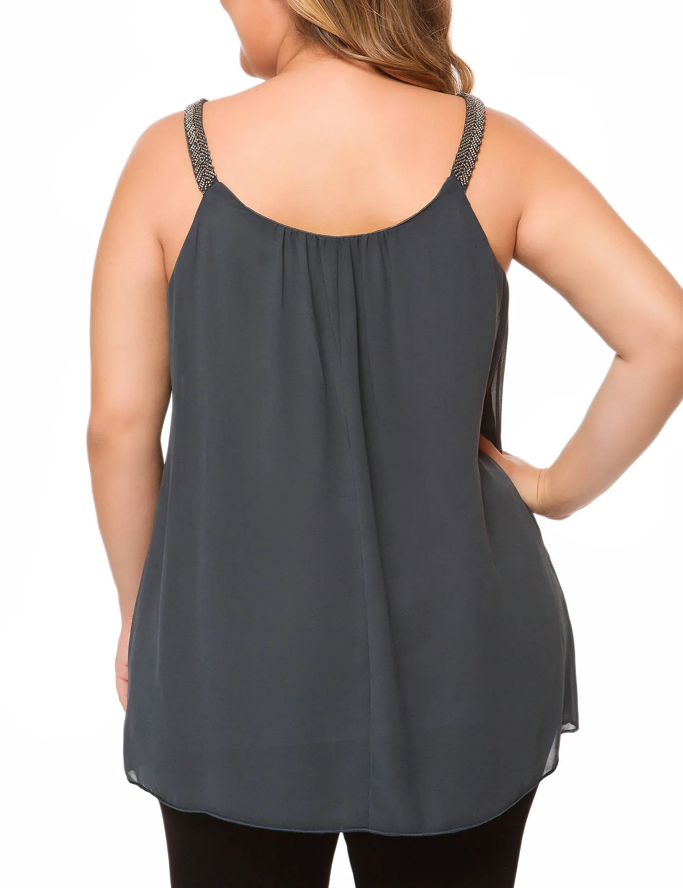Plus Size Cami Pleated Chiffon Tank Top with Beaded Strap
