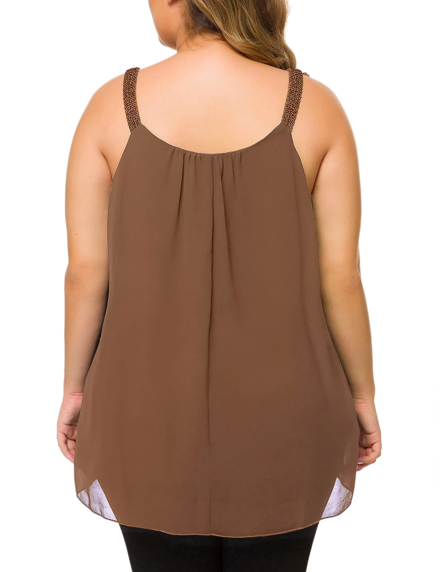 Plus Size Cami Pleated Chiffon Tank Top with Beaded Strap